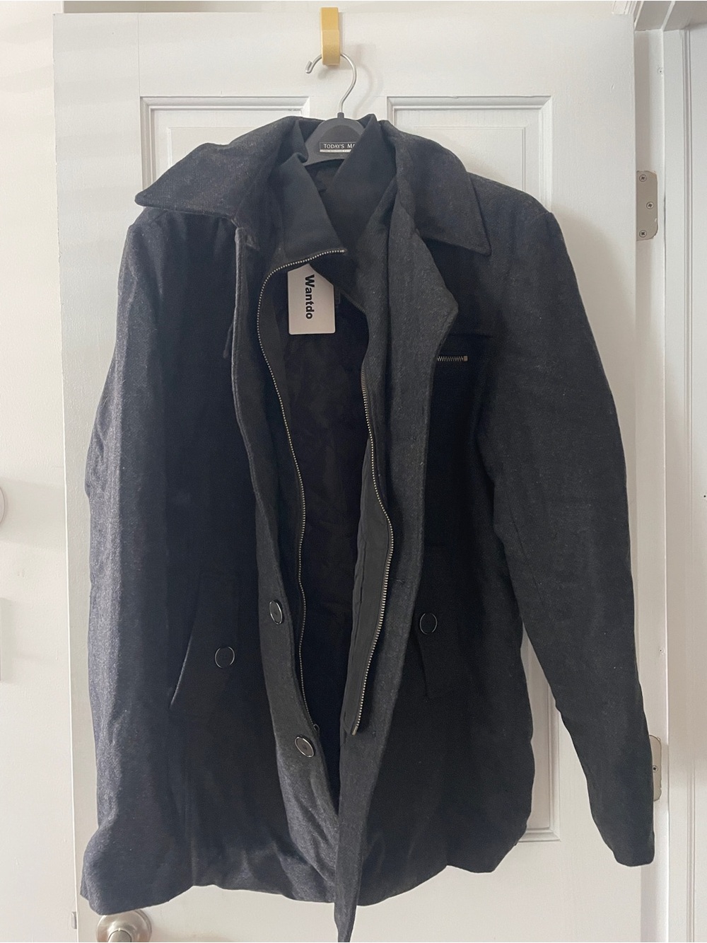 Men's Black Pea Coat with Zip & Button Front
